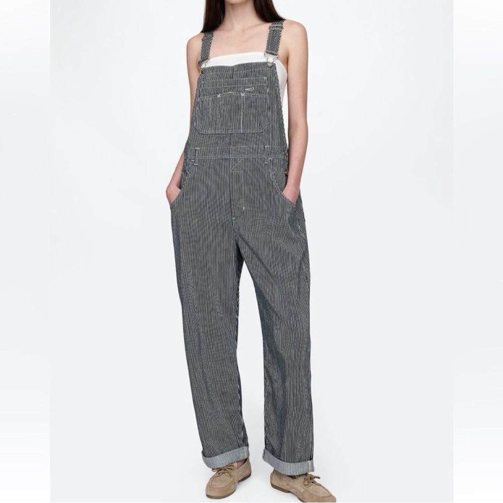 GAP Loose Fit Navy Striped Denim Overalls